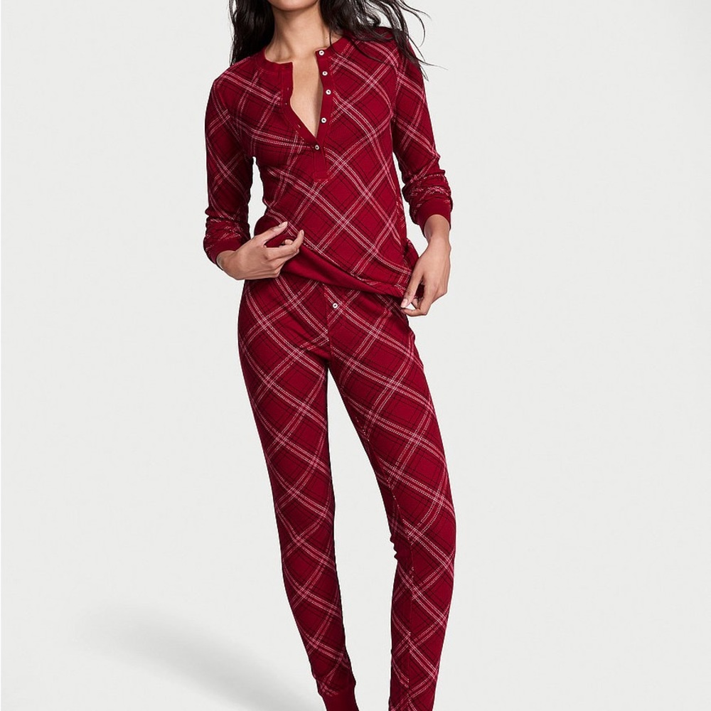 Victoria's Secret Soft Thermal Henley Long Pajama Set, red